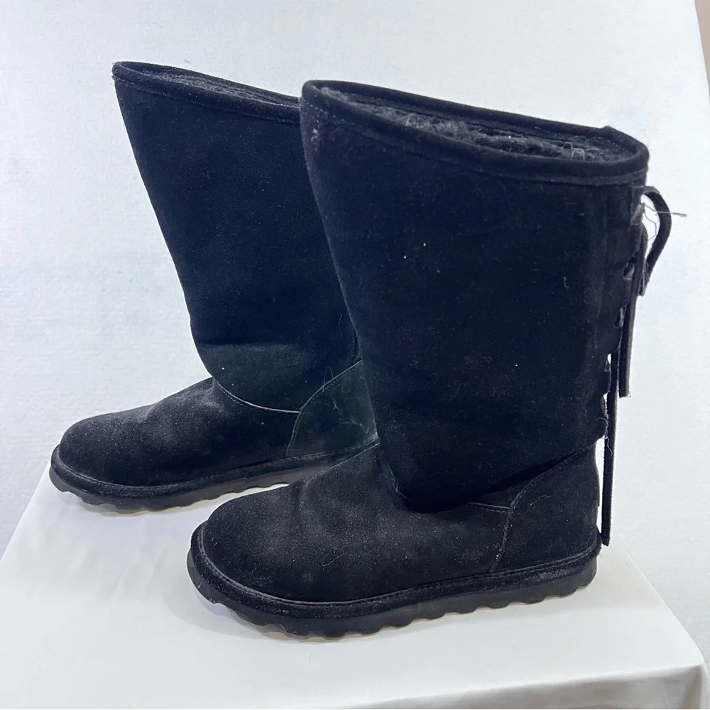 Bearpaw Boots Womens 9 Black Mid Calf Suede Faux Fur Trim Pull On Lace Up - Picture 3 of 10